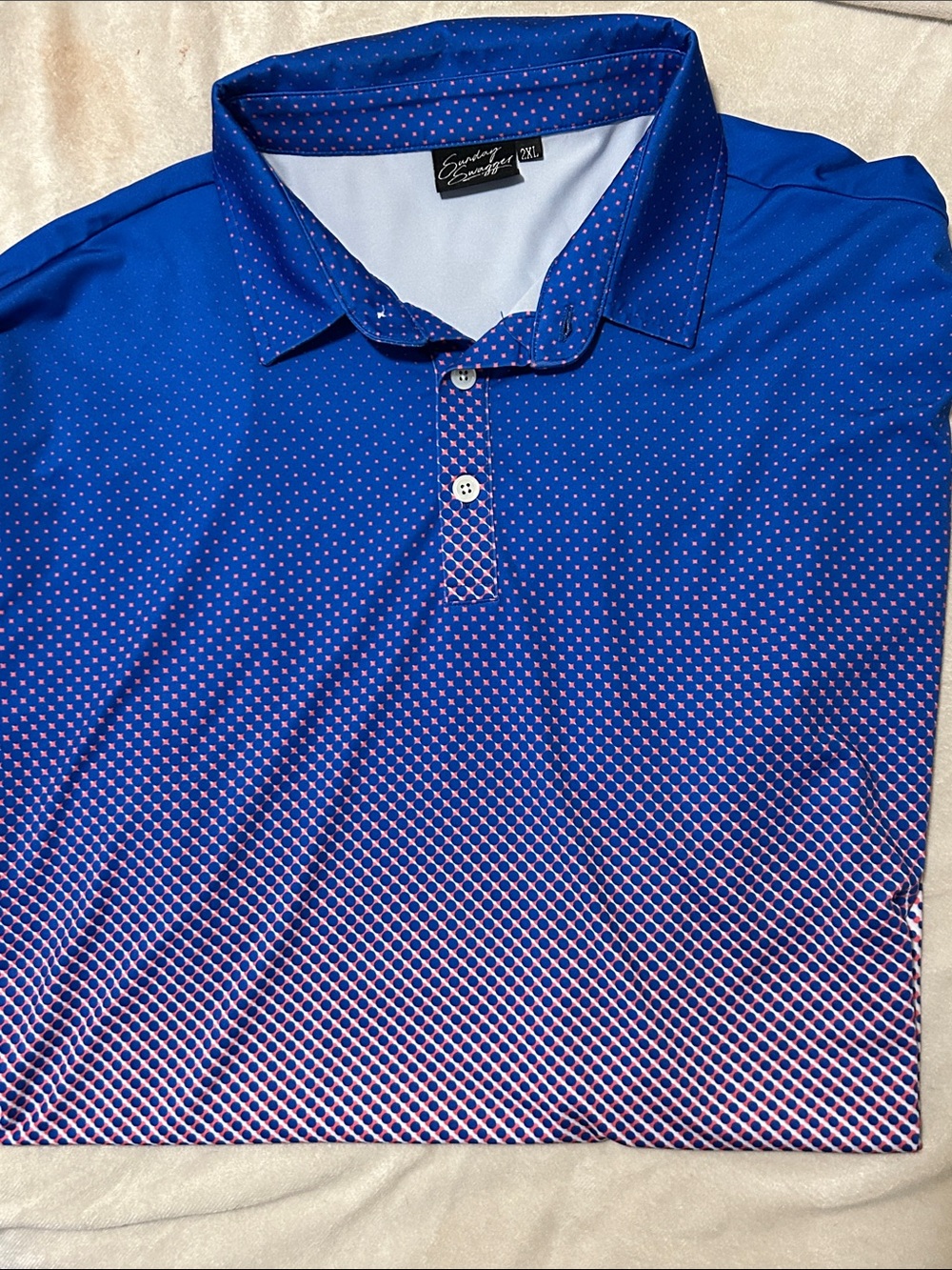 Sunday Swagger Mens Golf Polo Shirt 2XL Royal Blue Pink Geometric Grid Fade New
